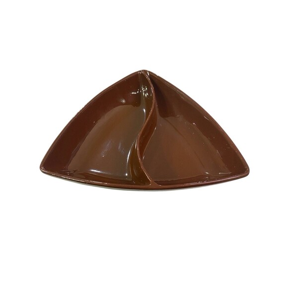 Vintage Divided Serving Dish Triangular Brown Ceramic 8.5” Long MCM Retro - Picture 2 of 10
